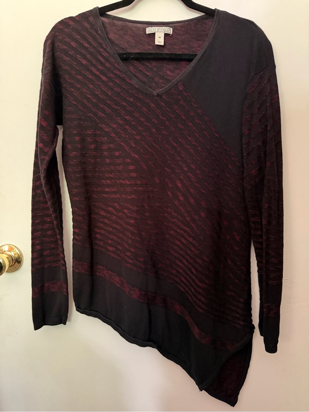 Dana Buchman V-Neck Asymmetric Black and Burgundy Sweater